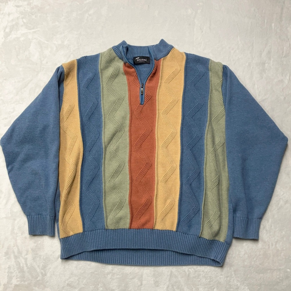 Vintage Tosani 1/4 Zip‎ Sweater Mens XL Blue Colorful Vertical Stripe Cotton